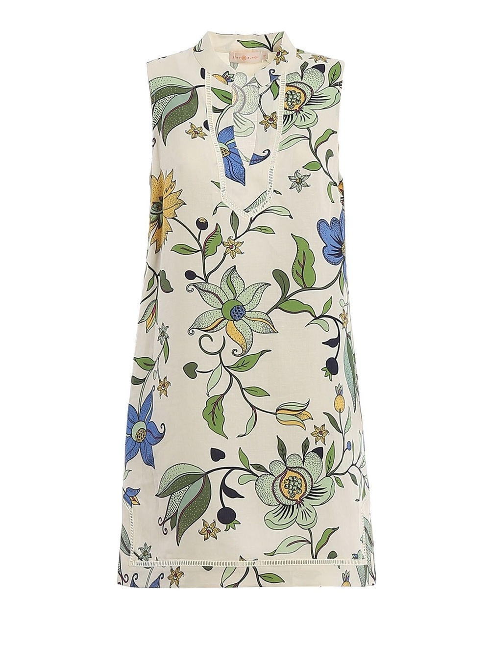 Tory Burch Cream Floral Sleeveless Shift Dress with Blue & Green Print M